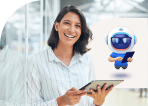 Frau mit Tablet und Avatar AAVA Wissensmanagement